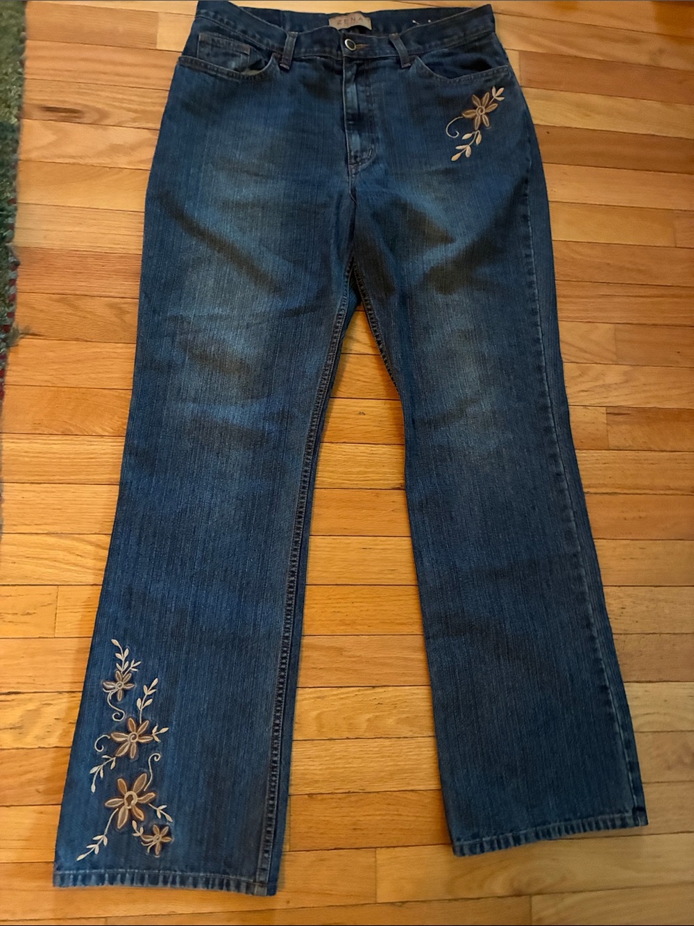 Zena Vintage 90s Dark Blue Flare Jeans with Tan Floral Embroidery 12